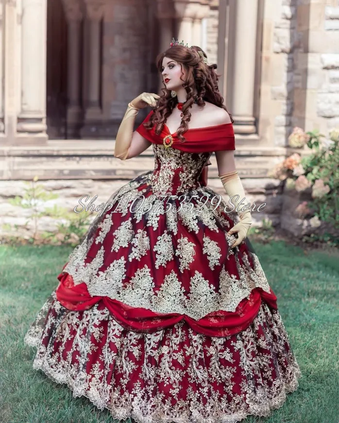 Red Gothic Wedding Dress Vintage Victorian Lace Pleated Applique Role Play Dreamy Luxurious Laced Ruffle Halloween Gowns