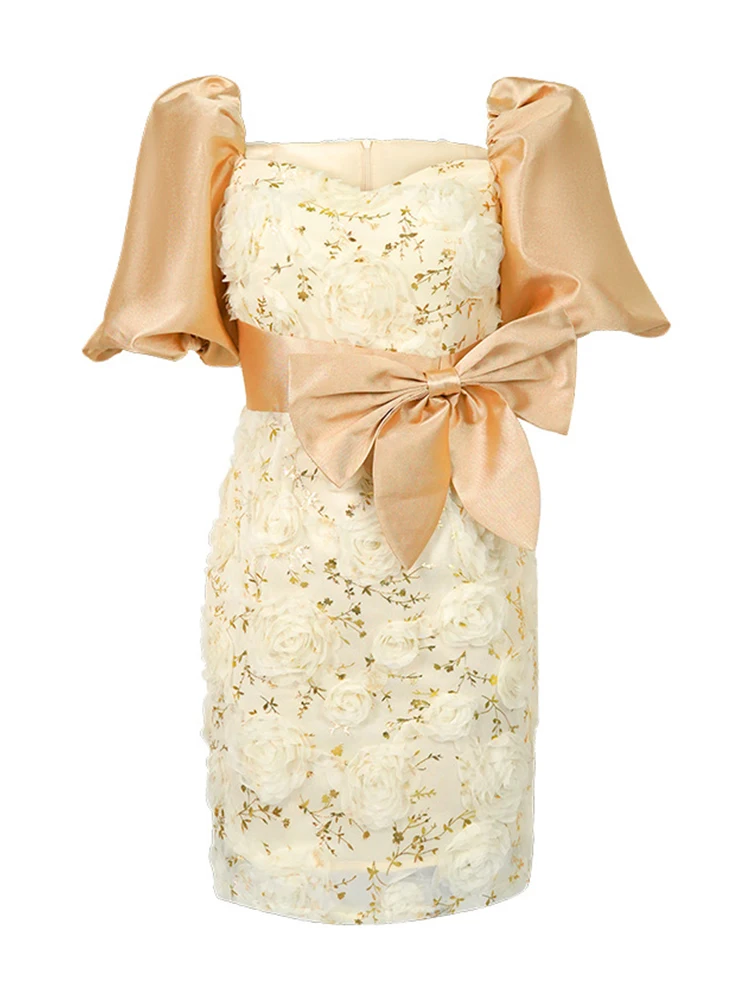 新しい夏のファッションキラキラゴールドイブニングショートドレス女性服甘い花柄セクシーなスクエアカラースリムパーティープロム Vestido フィエスタ