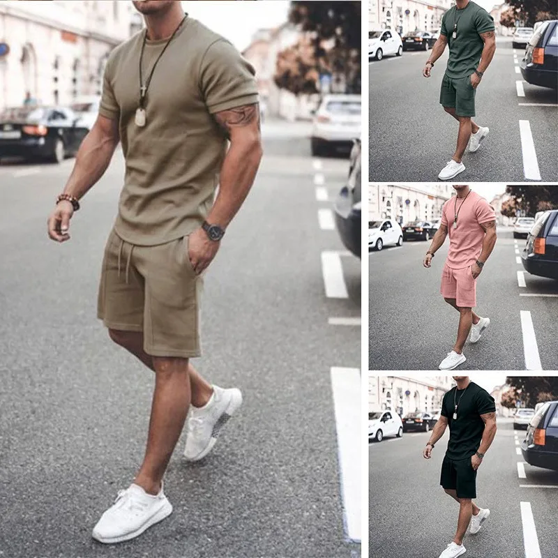 Fato de treino masculino casual algodão de manga curta camiseta shorts 2 peças terno de verão roupa masculina solta terno