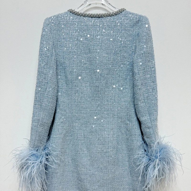 Herbst Winter Vogel Federn Langarm Diamanten Kette Pailletten Tweed Kleid Frauen Elegante Prom Abend Kurze Kleider Partyinyaд