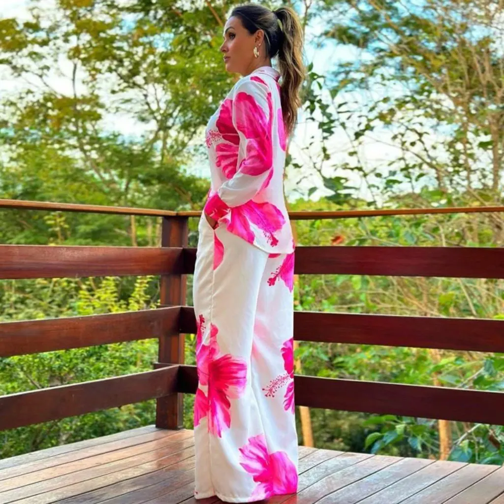 

Женский модный повседневный костюм из двух предметов, рубашка с принтом и широкие брюки, весна-осень, широкий крой в европейском и американском стиле