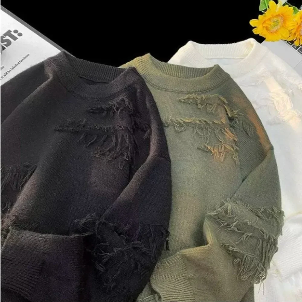 Men Flat Knitted Sweaters Long Sleeve O Neck Pullovers Print Jumpers Loose Fit Casual Sweater 2025 Winter Slight Strech Hole