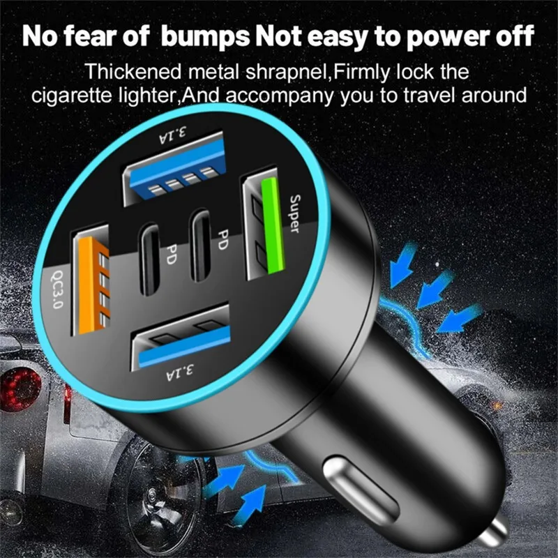 New Digital Display Car with 4USB+2PD Car Charger 66w Fast Charging Car Mobile Phone Adapter PD Mobile Phone Charging Head