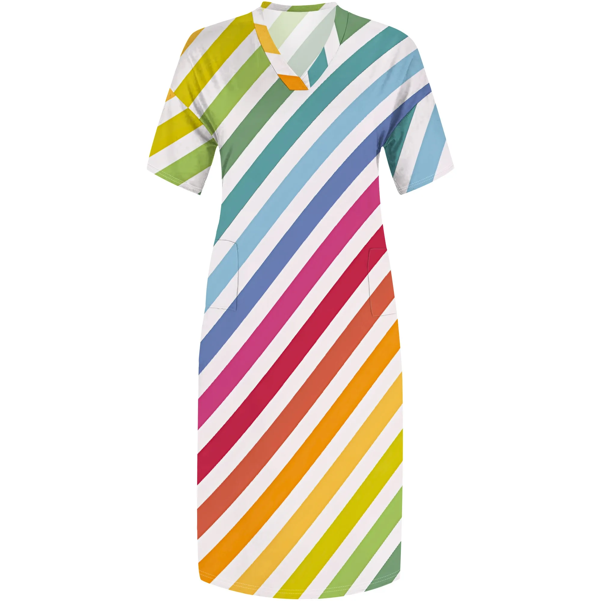 Nupusa 레인보우 스트라이프 프린트 드레스 여성용 플러스 사이즈 여름 캐주얼 V 넥 반소매 맥시 드레스