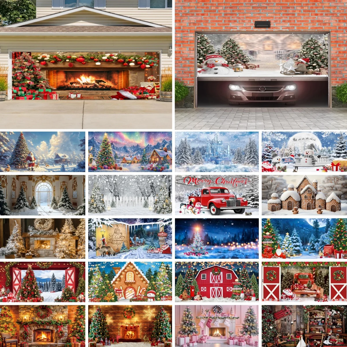 Christmas Garage Door Background Winter Snow Xmas Tree Decor Fireplace Truck Gingerbread House Large Garage Door Hanging Banner