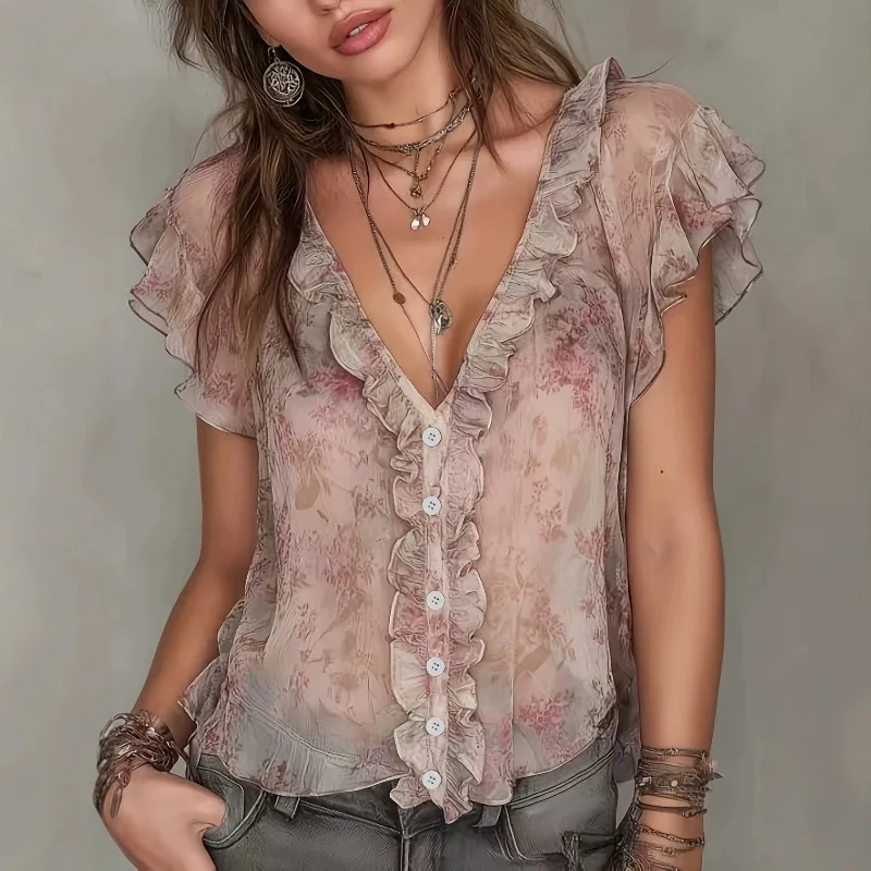Women Floral Print Chiffon Blouse V Neck Ruffle Trim Flutter Cap Sleeve Button Front Summer Casual Boho Shirt Top