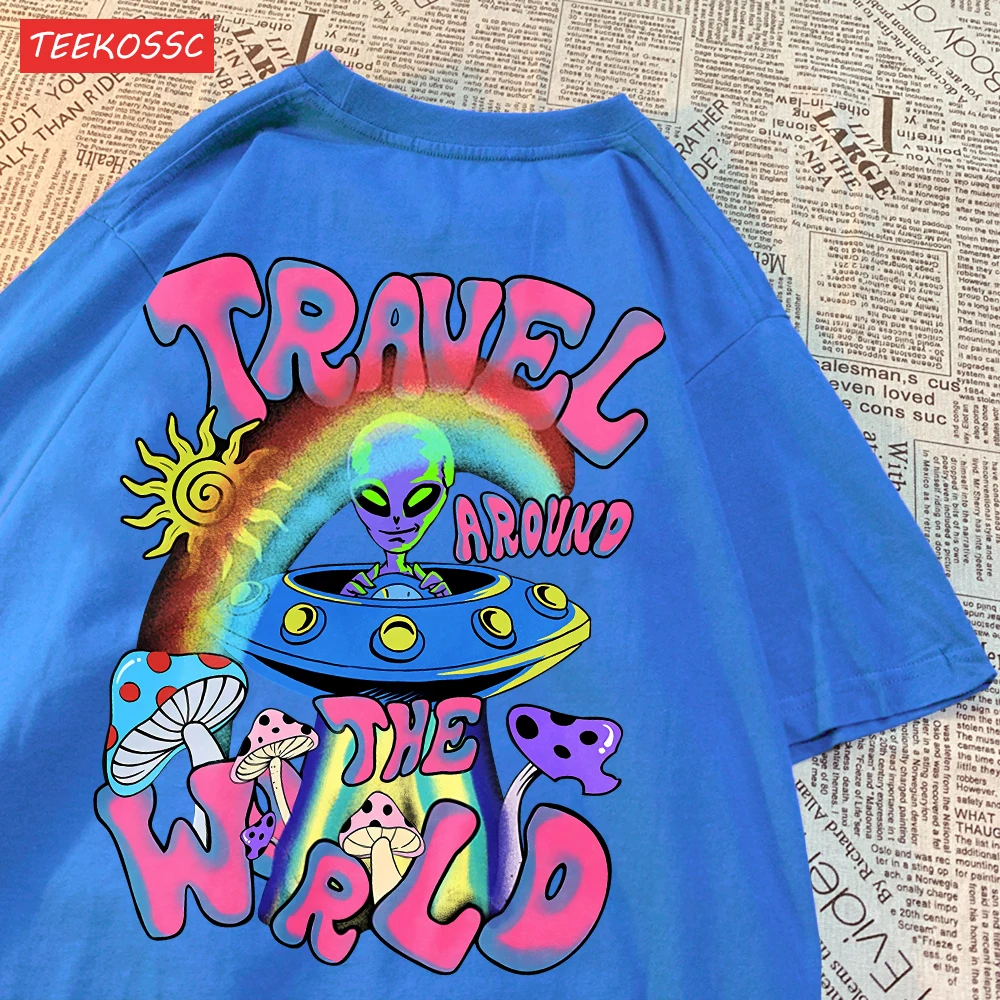 Fashion Cotton Woman T-Shirts Alien Ufo Travel Around The World Prints Short Sleeve O-Neck Soft Breathable Street Female Clothes