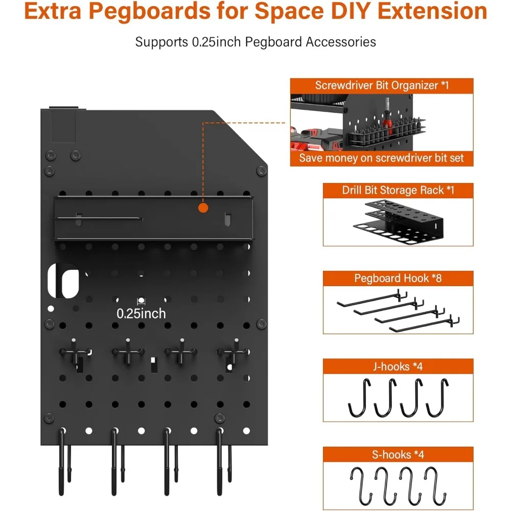 JUNNUJ Large Pegboard Power Tool Organizer with Charging Station, 8 Drills Driver and Tools Battery Holder Wall Mount