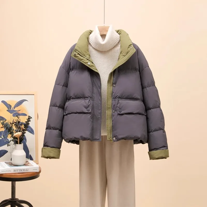 Damska koreańska minimalistyczna kurtka puchowa z blokami kolorów, pogrubiona, lekka, ciepła, codzienna odzież wierzchnia, idealna na zimną pogodę i do dojazdów do pracy.