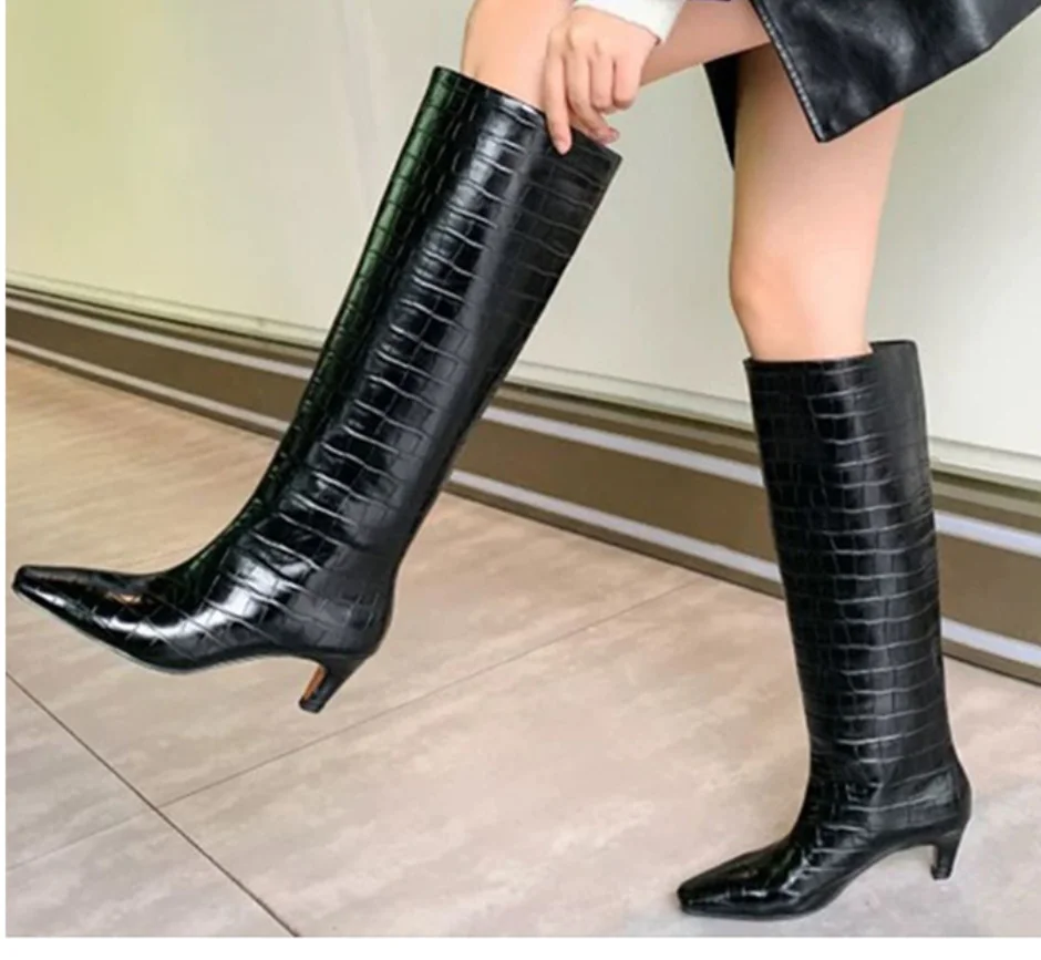 AIYKAZYSDL Texture Embossed Leather Knee High Boots Kitten Low Heels Women botas mujer Autumn Winter Knight Ridding Booties