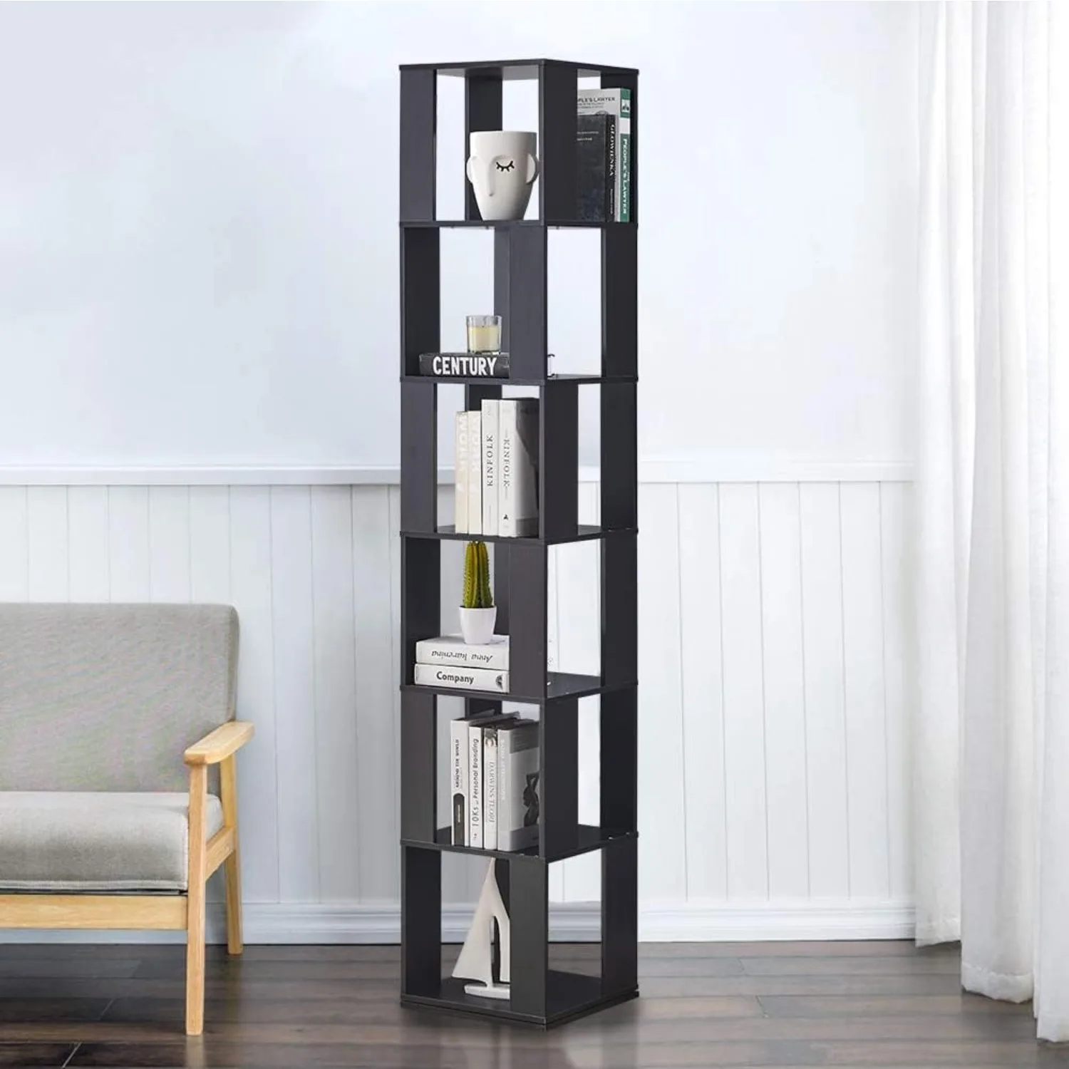 360° Rotating Bookshelf Corner Slim Storage Shelf, 6-Tier Tall Bookcase Shelving Unit, Display Storage Shelf Organizer for