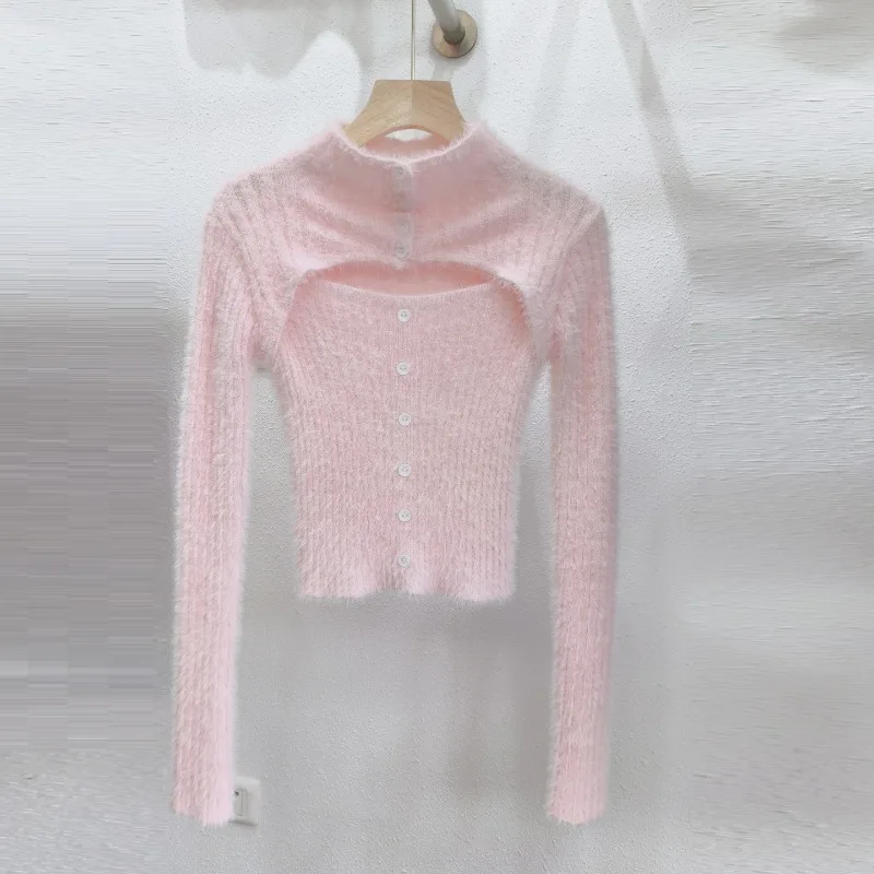 Faux Two-piece Faux Mink Sweater Tops Hollow Out Pink Stand Collar Pullover Knitted Coat Slim Sweet Sexy Striped Short Clothings