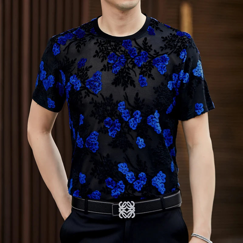 Flocking Blue Floral T Shirt For Men Short Sleeve Premium Hollow Summer Quality Velvet Soft Comfortable Tees Camisetas De Hombre