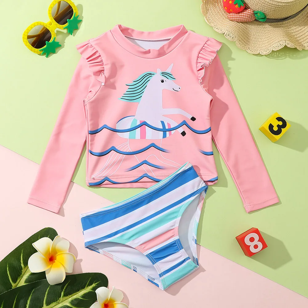 High Quality Cartoon Print Swimwear For Baby Girls Swimming Clothing Long Sleeve Beachwear Bathing Suit Kids Two Piece Swimsuit