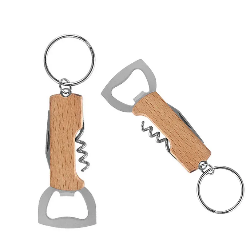 2Pcs Beer Bottle Opener Keyring Keychain Stainless Steel Multifunctional Wooden Handle Corkscrew Wine Opener Bar Party Accessory