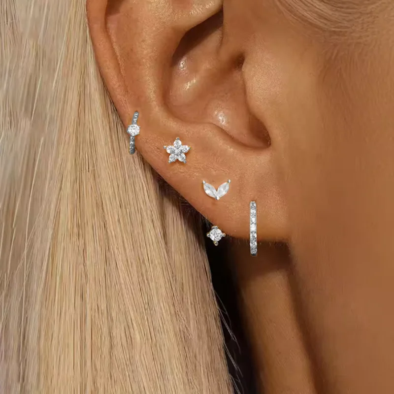 4PCS Mode Zirkon Runde Hoop Ohrring Set Frauen Temperament Blume Ohr Stud Huggie Ohrring Tragus Piercing Knorpel Schmuck