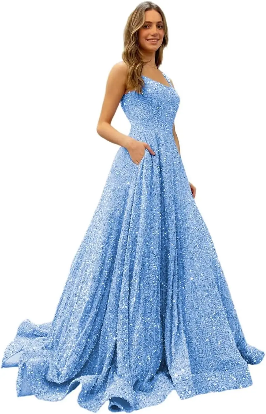 Elegante vestido de fiesta con lentejuelas de manga larga, vestido formal elegante con abertura de satén y cuello en V, vestido de noche de cóctel con bolsillos