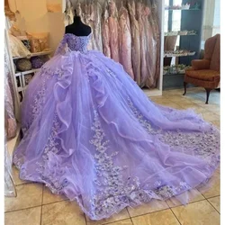 Glittering Lavender Long Sleeve Quinceanera Dress Sweetheart Illusion Count Train Birthday Party Prom Princess Ball Gown Corset