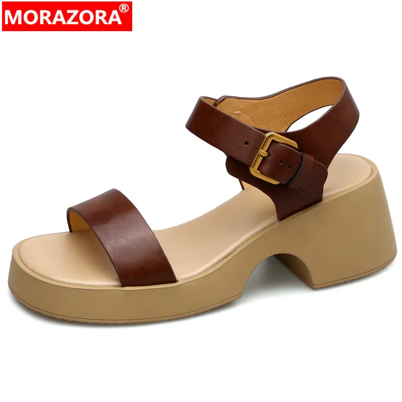 MORAZORA 2024 New Retro Ladies Casual Summer Shoes Buckle Genuine Leather Sandals Woman Thick High Heels Platform Sandals