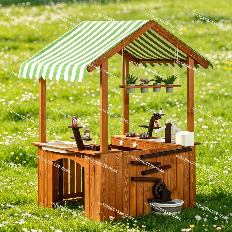 Kindergarten mobile wooden house outdoor courtyard pavilion children's kitchen solid wood games