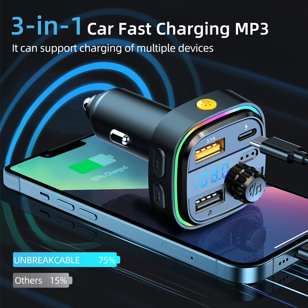 

Беспроводной автомобильный MP3-плеер, громкая связь, беспроводное подключение, два порта A + C, автомобильный адаптер питания с поддержкой USB-накопителя, 12–24 В