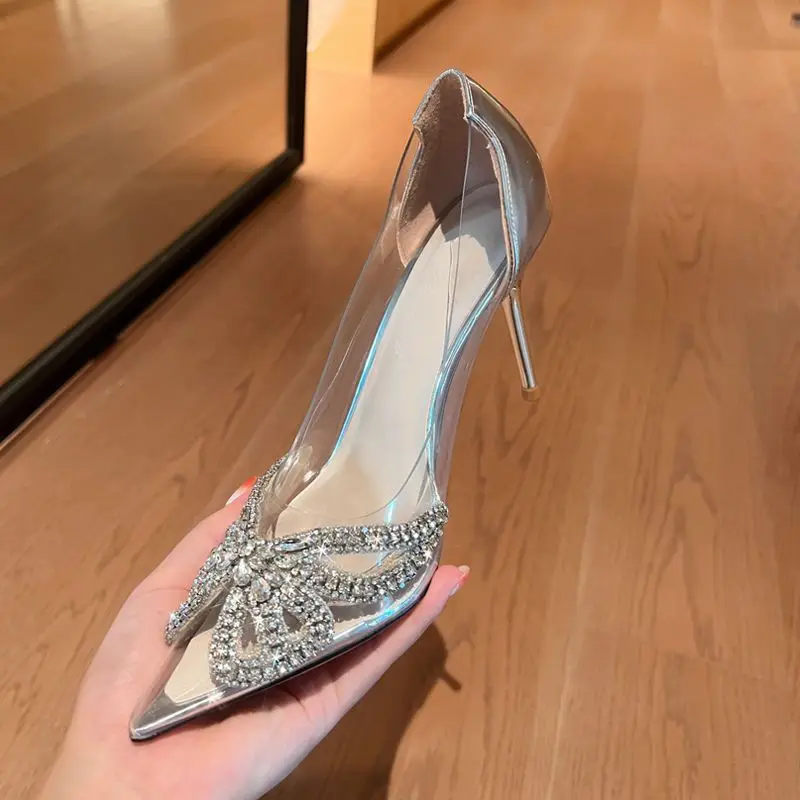 2026 New Clear PVC Rhinestone Bow Heels Pointed Toe Stiletto Elegant Sandals High-end Footwear for Women Party & Formal Dress