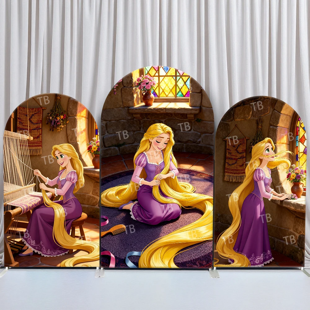 

Disney Rapunzel Arch Backdrop Cover Long Hair Tower Scene for Kids Birthday and Baby Shower Party Photo Booth Decor