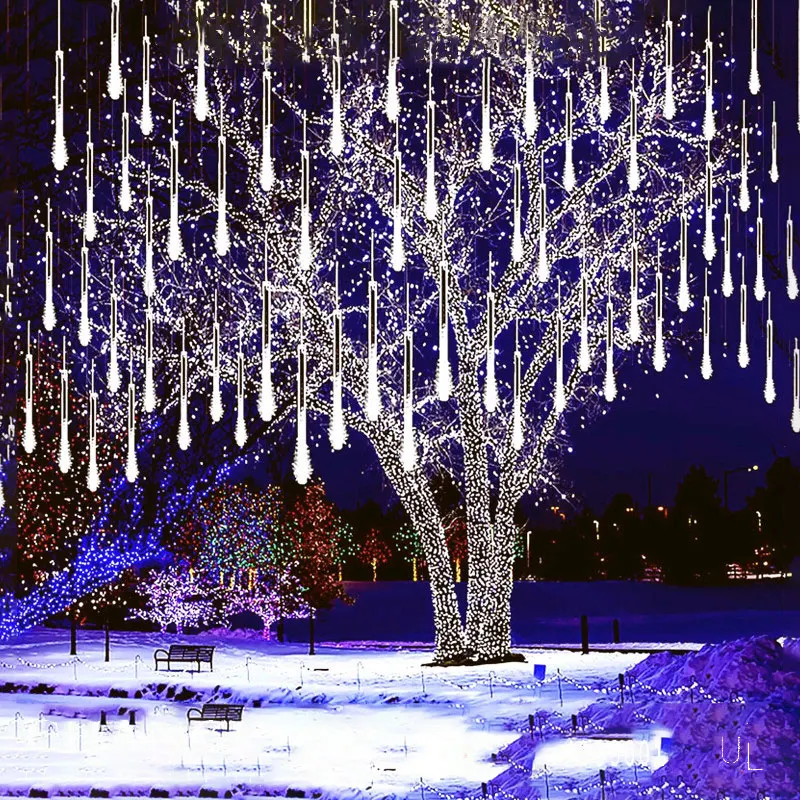 30/50cm Meteor Shower Lights EU/US Plug Power 8-Tube Falling Rain Light Outdoor Christmas Tree Halloween Porch Patio Decorations