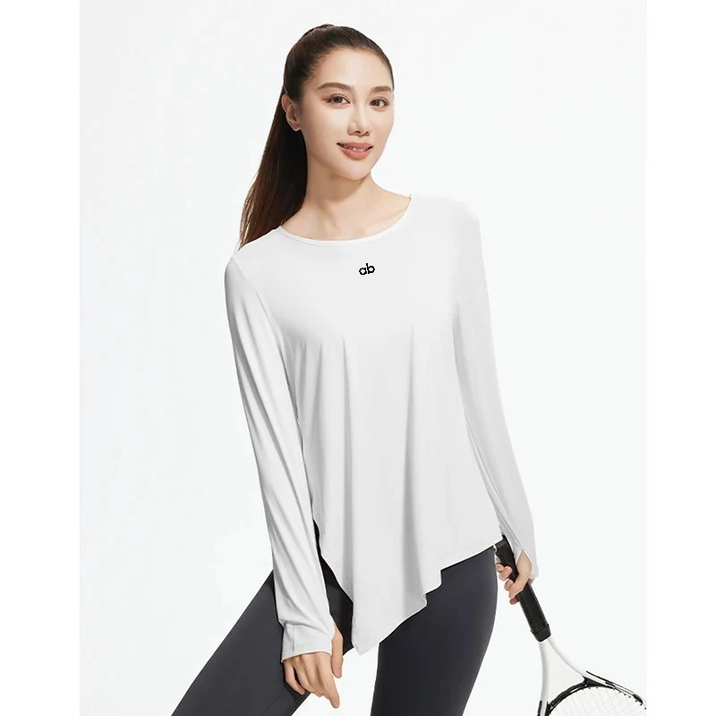 Women Cooling Ice Silk Long Sleeve Yoga Cover Up Loose Split Hem Breathable Fitness Workout T‑Shirt Plus Size Casual Sports Top