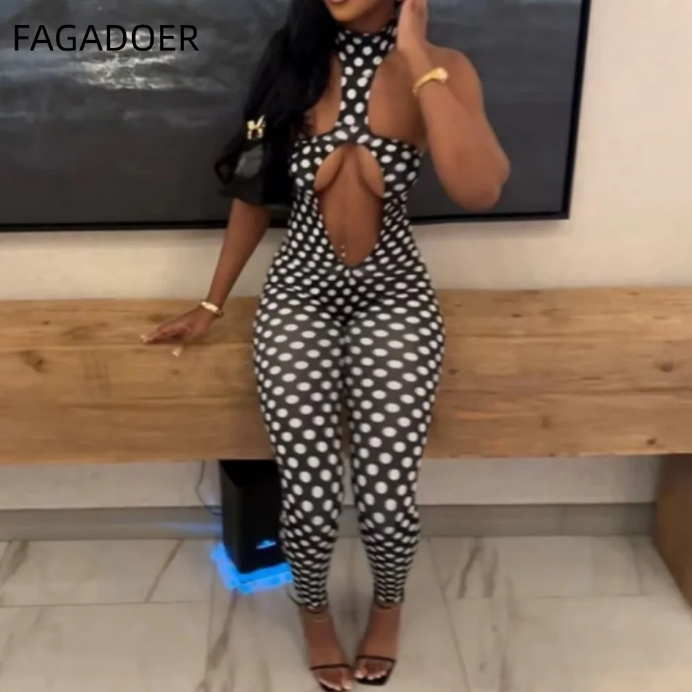 

FAGADOER Sexy Polka Dot Printing Halter Jumpsuits Sexy Hollow Out Backless Bodycon Romper Streetwear Party Club Skinny Pants