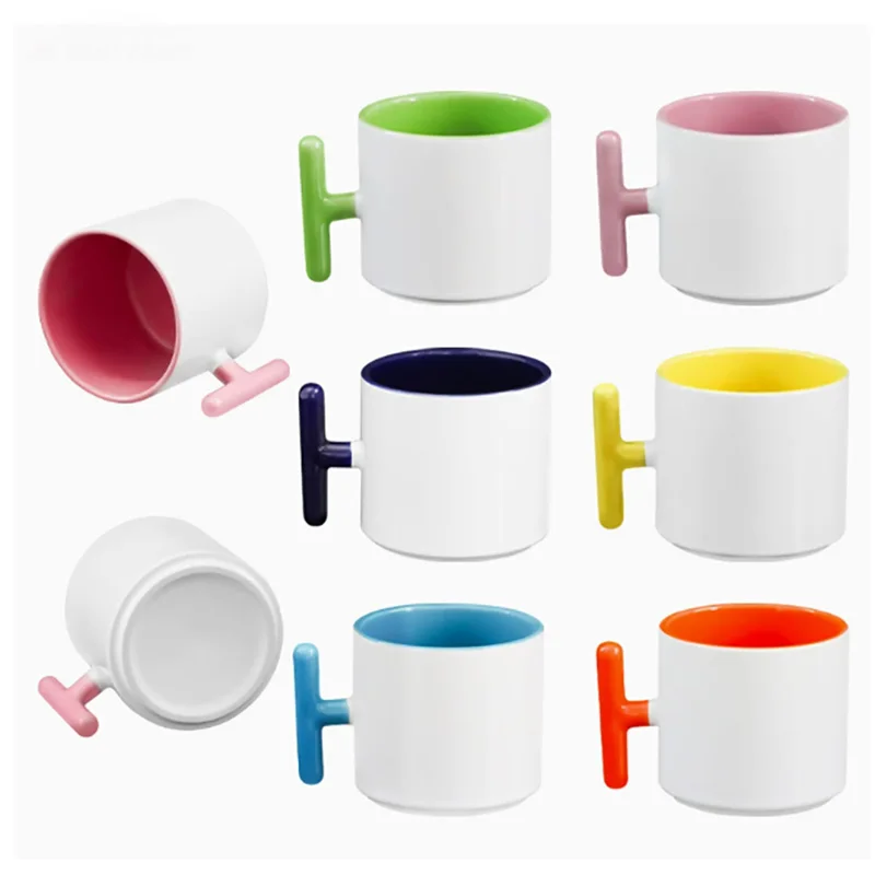 2PCS Creativity T-shaped handle ceramic mug Sublimation blank Color Coffee Mug Tea Cup For Customized Logo Picture Print DIY