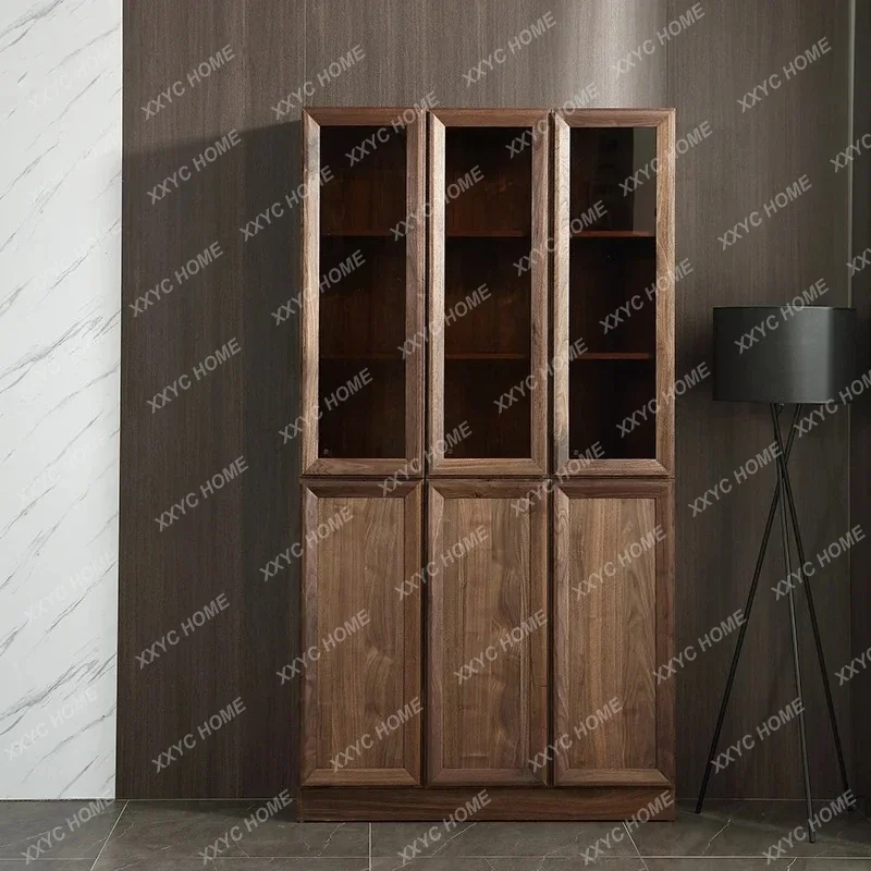 

Книжный шкаф из массива черного ореха QQBlack Walnut, напольный, с высокими стеклянными дверцами, комбинированный.