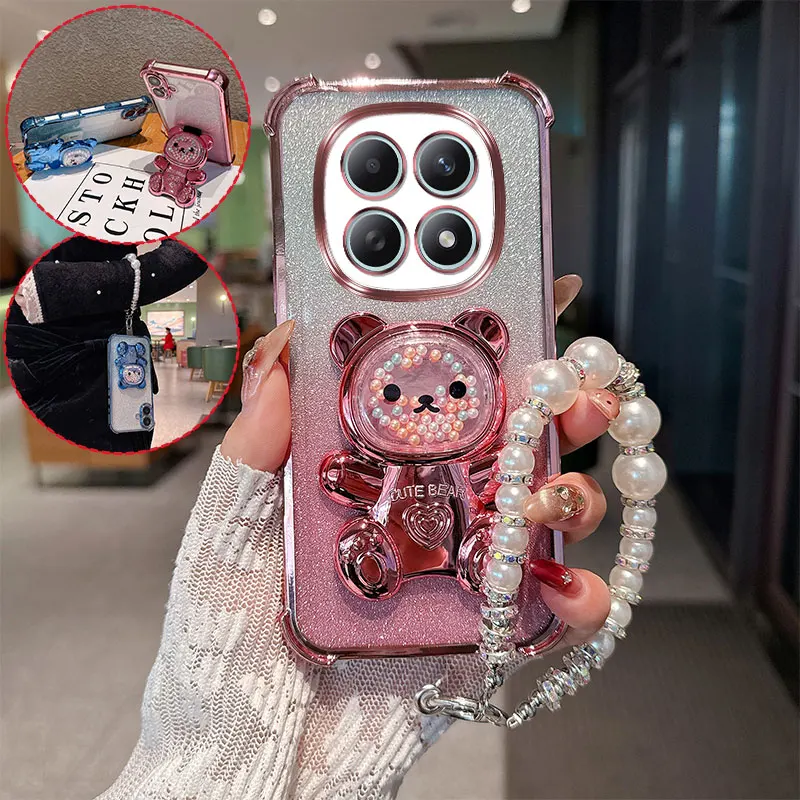 Niedliche Bären-Cartoon-Halterung mit Perlen-Lanyard-Riemen, stoßfeste Glitzer-Handyhülle für Xiaomi Redmi Note 15 14Pro Pro Plus 5G Rückseite