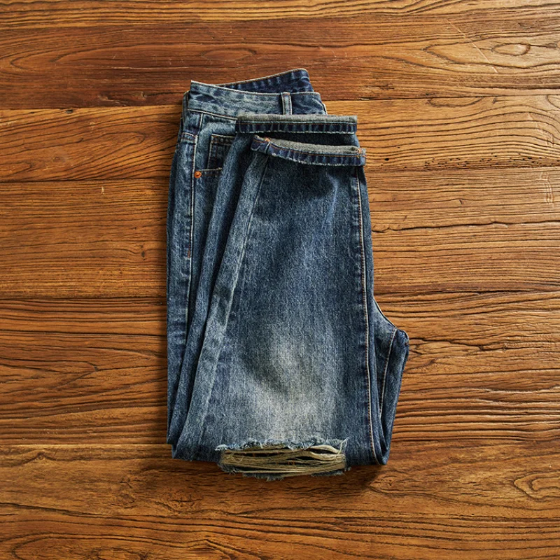 

Personalized ripped jeans for men, loose straight leg, cool and trendy street retro wide leg denim pants