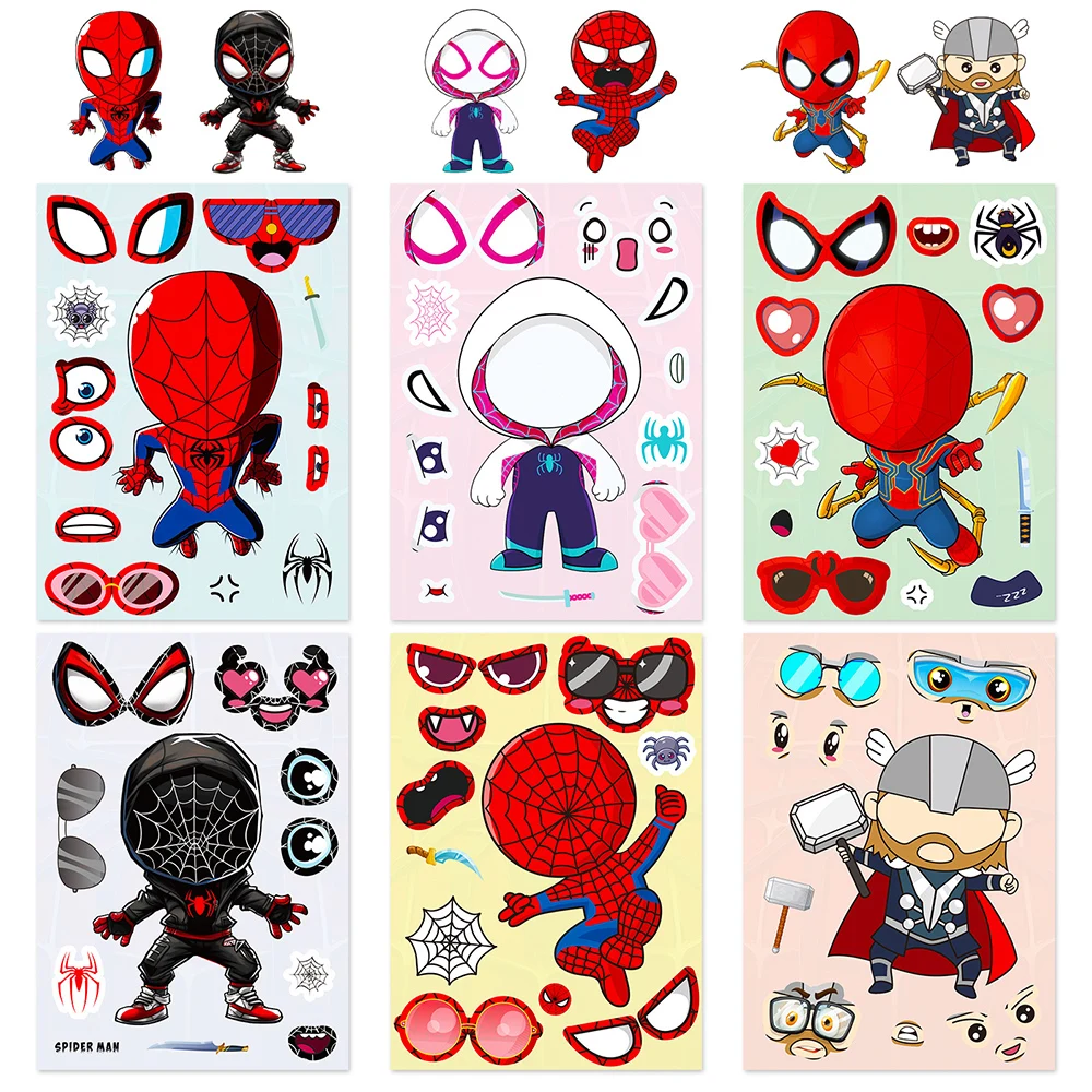 

6/12Sheets Disney Cartoon Spiderman Puzzle Stickers Make-a-Face Decal Assemble Jigsaw Cool Anime DIY Sticker for Kids Children