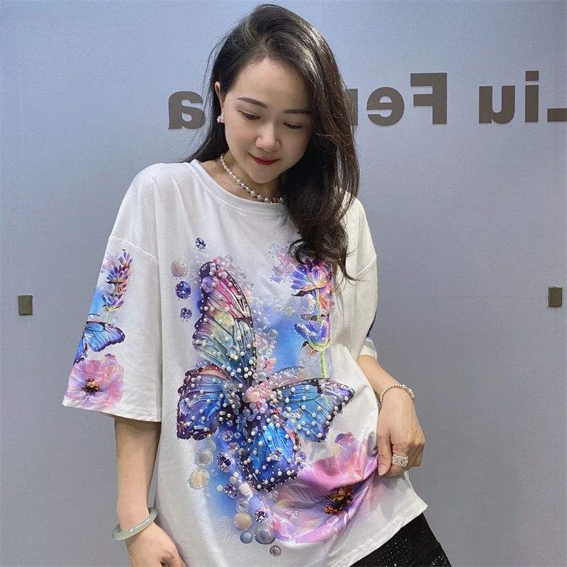 

2024 New Summer Women Tshirts Beading Butterfly Printed Pullover Oversize Top All-match Casual Short Sleeve Cotton T Shirt Loose