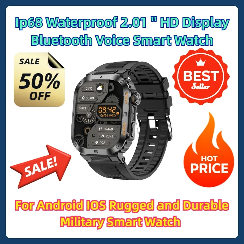 

For Android IOS Rugged and Durable Military Smart Watch Ip68 Waterproof 2.01 '' HD Display Bluetooth Voice Smart Watch