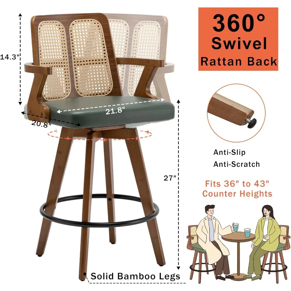 Set of 2 Bar Stools - 27 inch Swivel Rattan bar stools with Cane Back, Curved Arms, Upholstered Seat, Adjustable Bamboo Legs