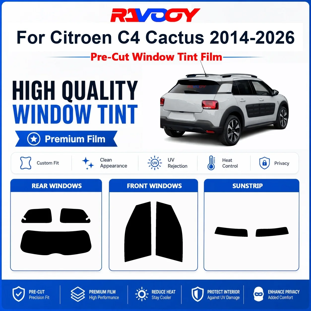 Premium Pre-Cut Window Tint For Citroen C4 Cactus 2014-2026 Front & Rear Windows UV Heat Rejection Privacy Film