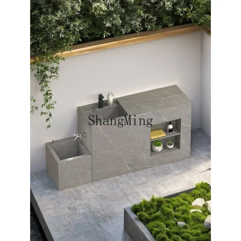 CL rock slab column basin outdoor wash  mop pool integrated courtyard wash basin garden wash  outdoor sink