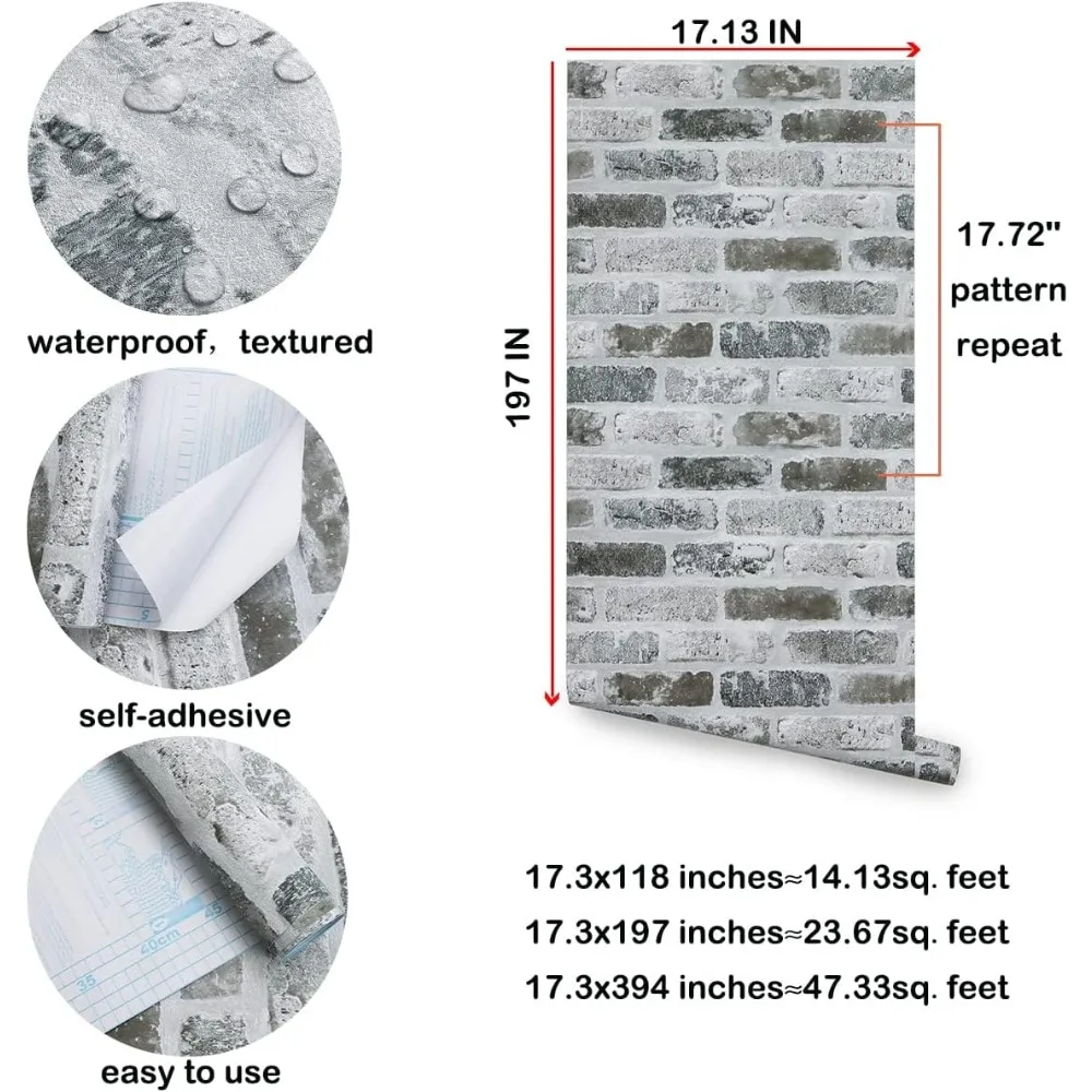 ورق جدران قابل للتقشير واللصق ثلاثي الأبعاد من الطوب الرمادي - ورق اتصال ذاتي اللصق على الطراز العتيق لسهولة تزيين الجدران