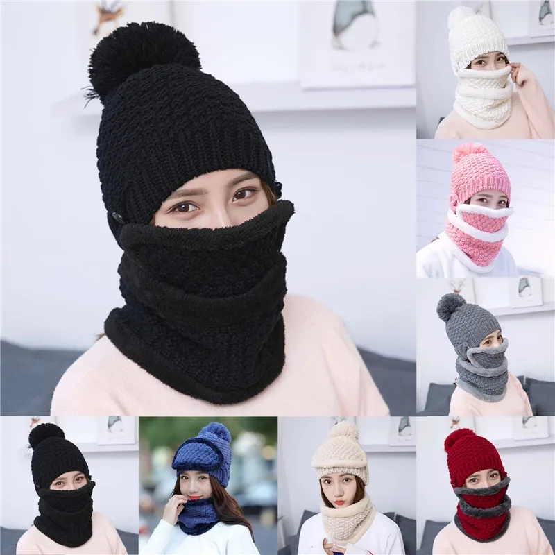 Winter Knitted Hat Scarf Set Thick Skullies Beanies Warm Hats For Women Outdoor Snow Riding Ski Bonnet Windproof Caps New