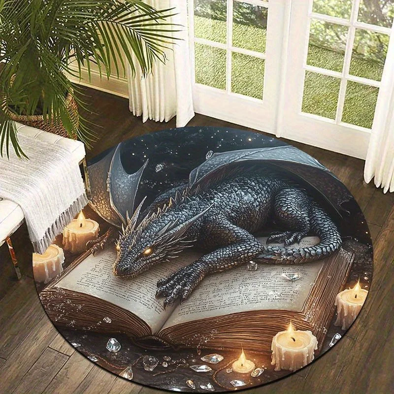 Black Dragon Ancient Book Candles Round Rug Flannel Fantasy Myth Floor Mat for Gamer Room DND Theme Decor Area Carpet