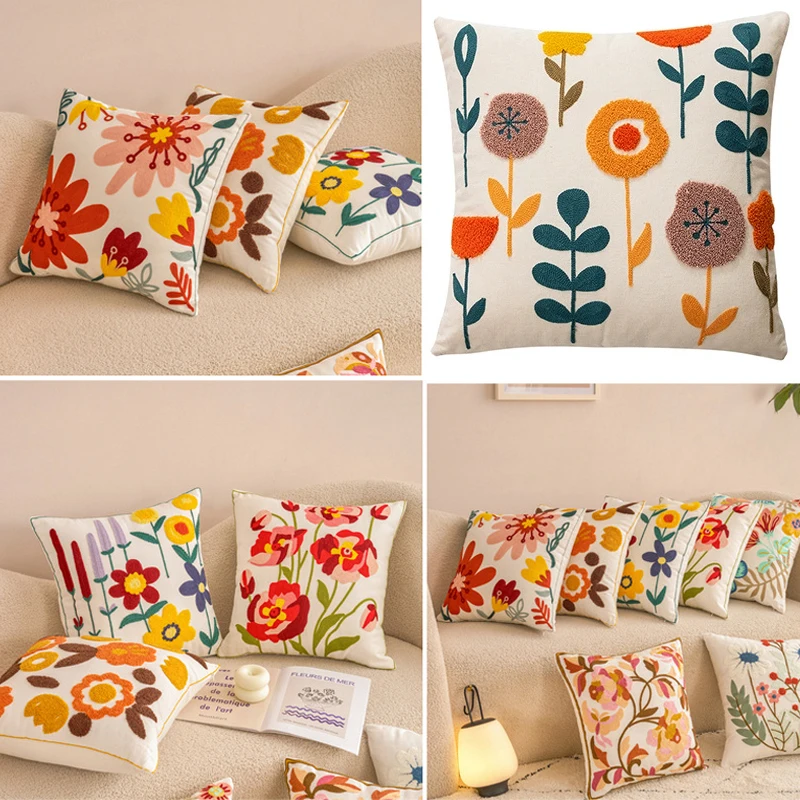 

Modern Stamped Floral Pillow Cover Square Cotton Cushion with Embroidery for Living Room Bedroom Home Decor Throw Pillowcase