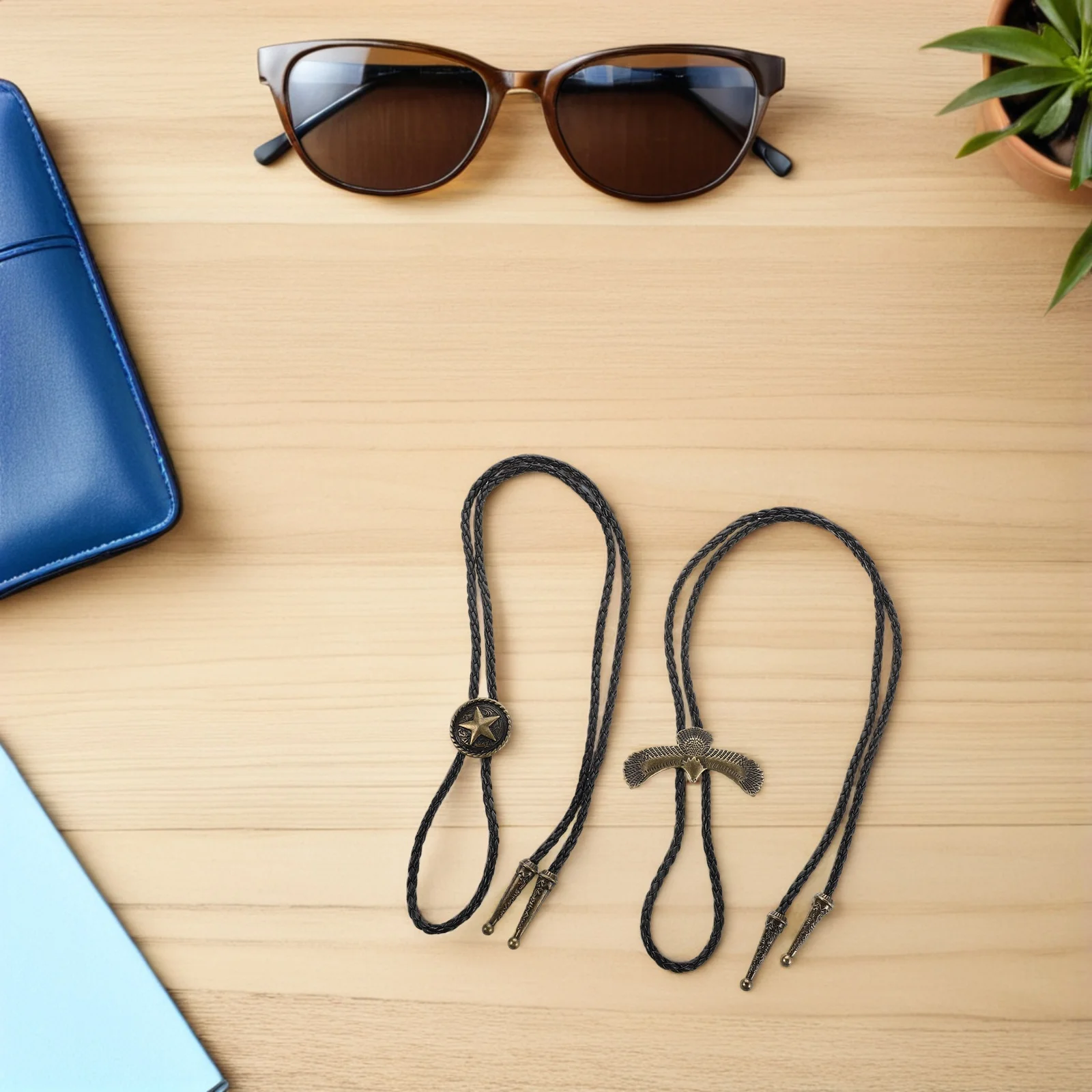 

2pcs Bolo Tie For Men Western Necktie Adjustable Vintage Pu Rope Necktie Retro Decorative Western Punk Style Bolo