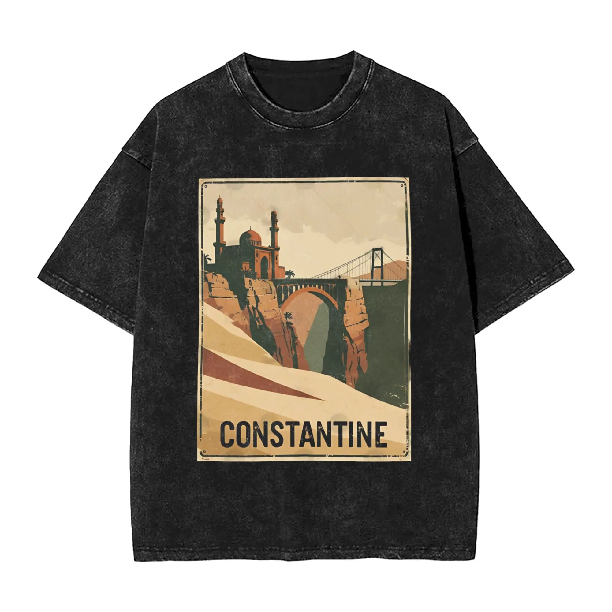 

Новинка, винтажные винтажные потертые футболки с круглым вырезом, алжирский мост и мечеть, летняя футболка из 100% хлопка