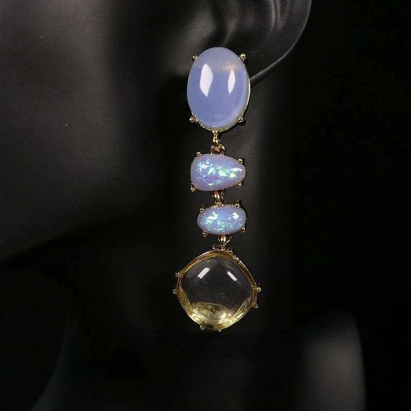 Medieval Vintage Long Pendant Glass Resin Drop Earring for Women Baroque Court Style Luxury Blue Ellipse Party Jewelry Gift Ins