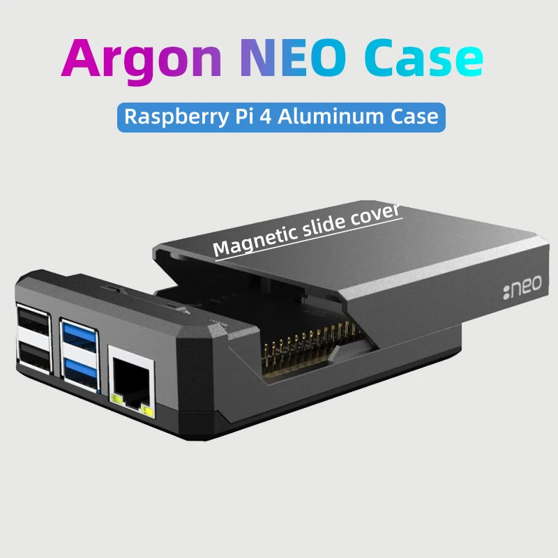 Argon NEO Raspberry Pi 4 Case Shell de metal de alumínio Tampa magnética deslizante Dissipador de calor de resfriamento passivo Ventilador opcional