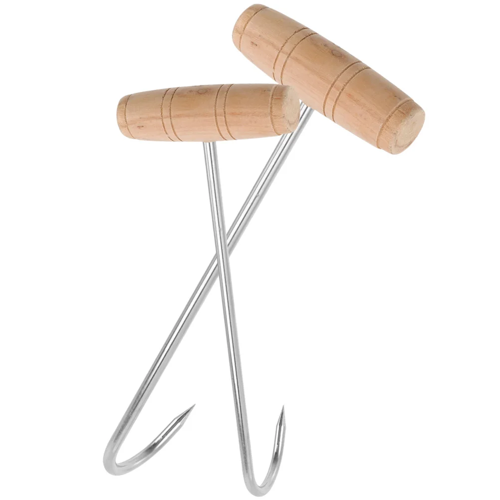 

2 Pcs Barbecue Wooden Handle T-hook Steak Stainless Steel Hooks Strainer for Kitchen