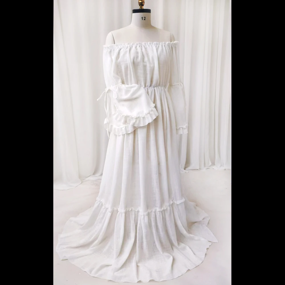 Vestido bohemio para sesión de fotos de embarazo, vestido de lino y algodón con un hombro y mangas largas, conjunto de dos piezas, accesorios de fotografía de maternidad